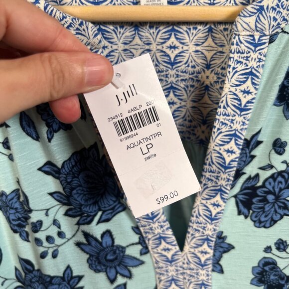 J. Jill Shift Dress Size Large Petite Blue Floral V-neck Casual Comfy Pockets - Picture 4 of 10